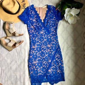 Royal Blue sexy lace short sleeve dress faux wrap